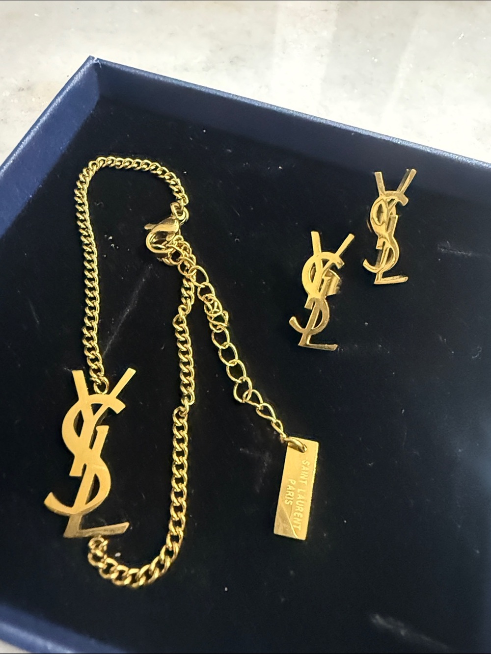 Gold YSL Logo Chain Bracelet & Earrings - Women's Jewelry Set